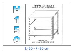IN-B3696030B Shelf with 3 smooth shelves bolt fixing dim cm 60x30x150h 