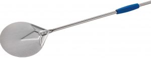 Stainless steel pizza peel ø 20 cm with handle 180 cm. Weight 0.90 gr. Handle length 180 cm. Total length 201 cm.