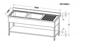 GD166BL2 Open sink with 2 bowls on the left dim.1600 x 600 x 950h