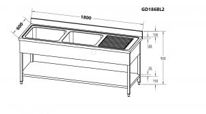 GD186BL2 Open sink with 2 bowls on the left dim.1800 x 600 x 950h