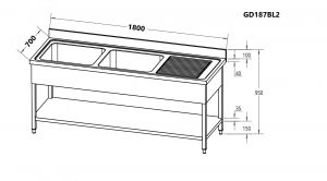 GD187BL2 Open sink with 2 bowls on the left dim.1800 x 700 x 950h